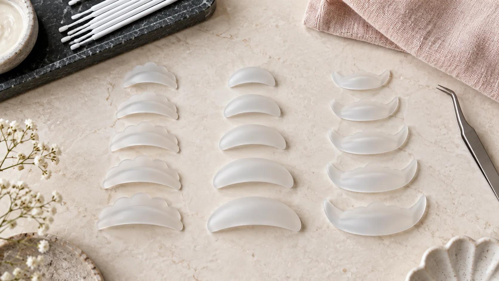 Organised lash lift shield, rod and hybrid profile families in multiple sizes
