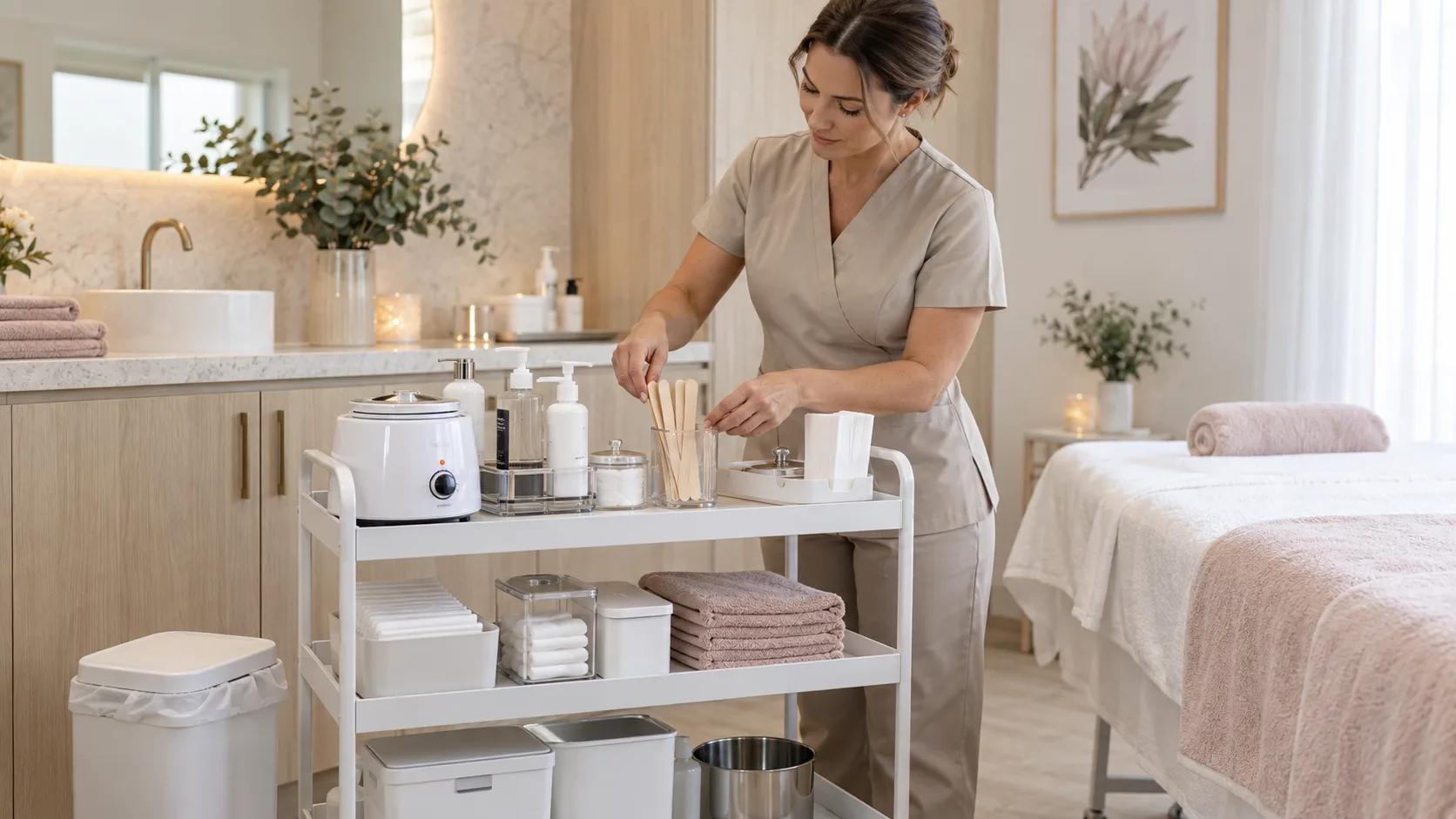 Beauty therapist organising a clean professional waxing trolley before a salon appointment