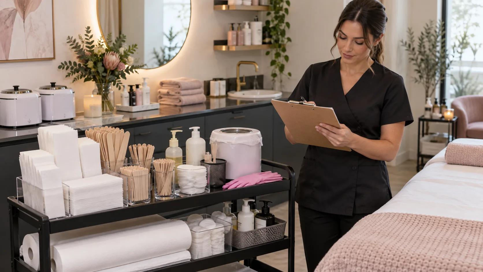 Professional Australian beauty therapist checking an organised waxing consumables trolley