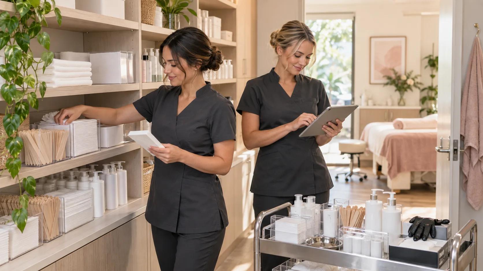 Two professional beauty therapists completing a weekly waxing stocktake in an organised salon